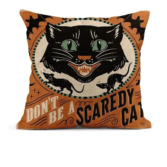 4 Retro Style Halloween Linen Pillow Covers 18x18 Cat Pumpkin Skeleton Bat Decor - Picture 11 of 16
